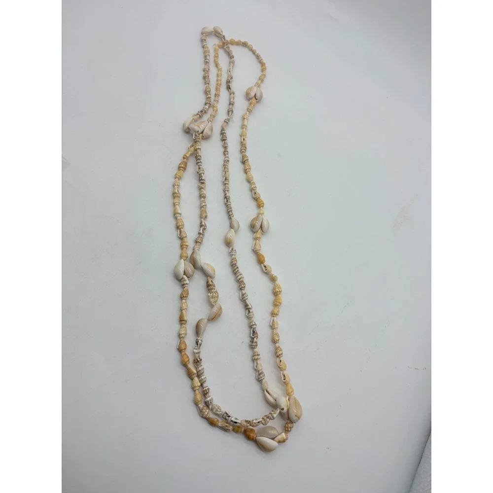 Cowrie Sea Shell Necklace Set 34 Inch‎ Beach Boho Two Strands Cream Brown Tones